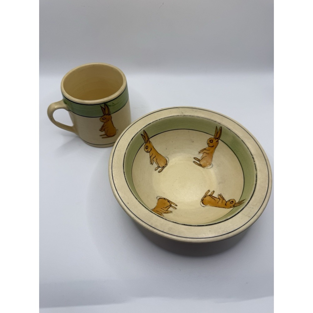 Roseville Juvenile Creamware 1920 Vintage Pottery Rabbit Bunny Cup Bowl Marked